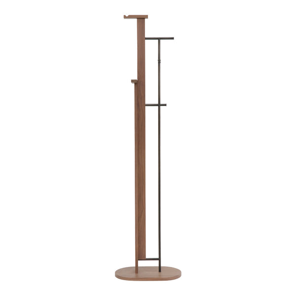 Modern walnut coat rack featuring clean lines and a sleek black metal accent. Stylish and minimalist design.