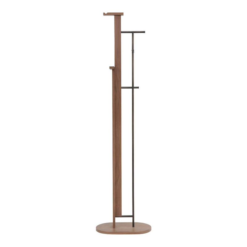 Modern walnut coat rack featuring clean lines and a sleek black metal accent. Stylish and minimalist design.
