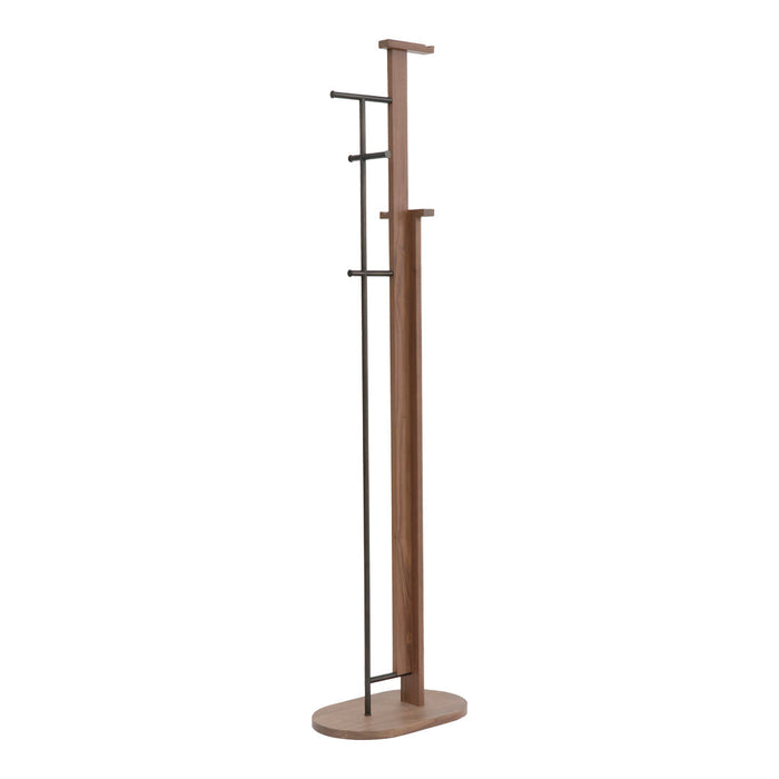 Wooden coat rack with a warm brown finish and sleek black metal accents, featuring a modern minimalist design.