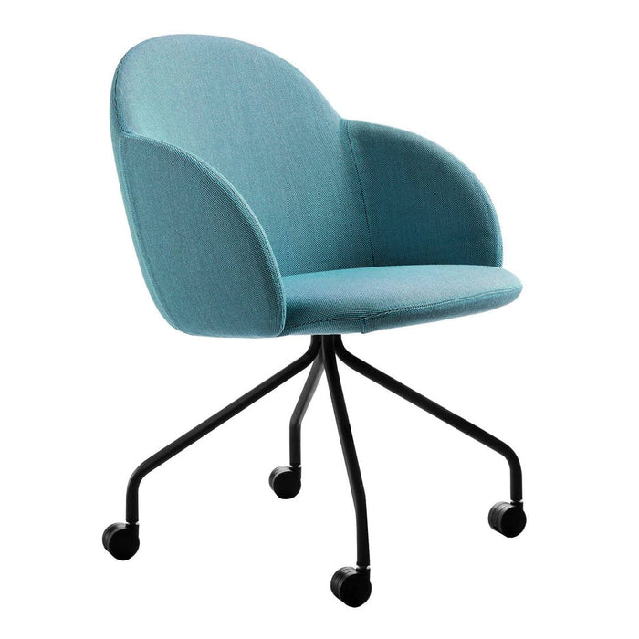 Light teal upholstered chair with soft curves, featuring a black wheeled base. Ideal for modern office or home decor.