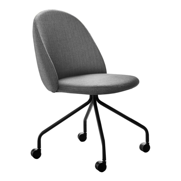 Gray upholstered office chair with a smooth finish and black metal wheels. Sleek, modern design for any workspace.