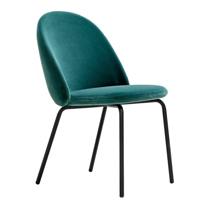 Teal upholstered chair with smooth velvet texture and sleek black metal legs, perfect for modern decor.