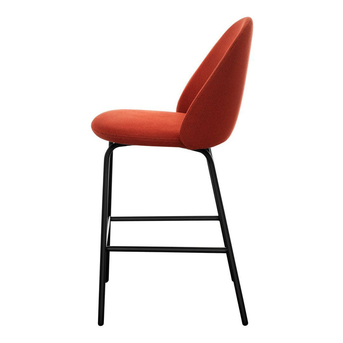 Orange upholstered bar stool with a sleek black metal frame and a modern design. Ideal for contemporary spaces.