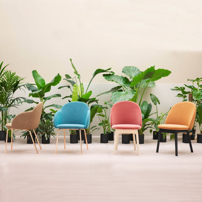 "Four stylish chairs in earthy tones: beige, teal, pink, and orange, set against lush green plants."