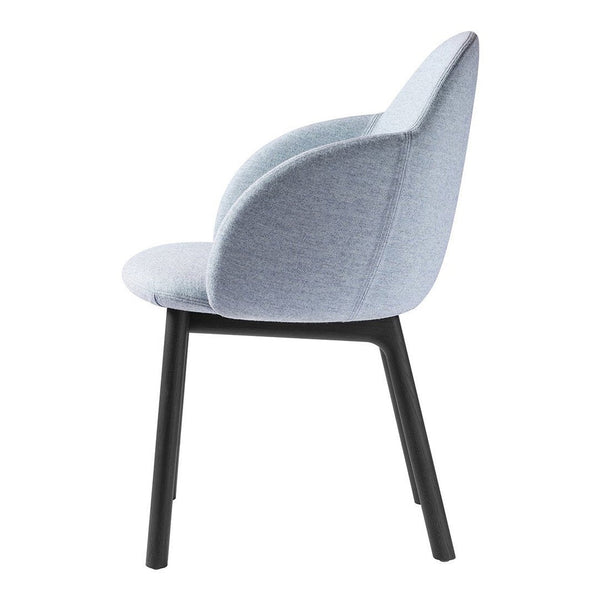 Light blue upholstered chair with a sleek design and black wooden legs. Perfect for modern interiors.
