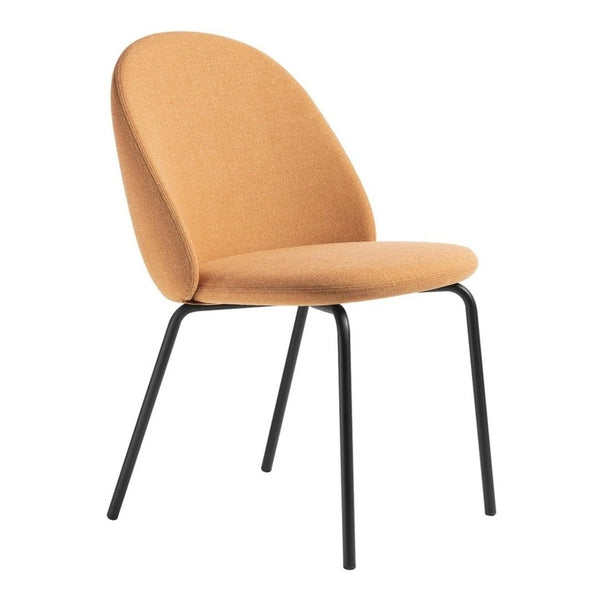 Orange fabric chair with smooth curves and black metal legs, stylish and modern design. Perfect for contemporary spaces.