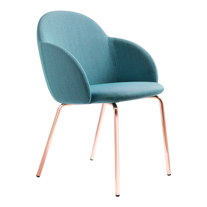 Aqua blue upholstered chair with soft curves and rose gold legs, perfect for modern decor.