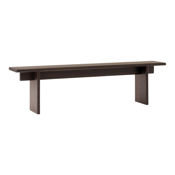 Dark brown wooden bench with a minimalist design and smooth, solid surface. Ideal for modern home decor.