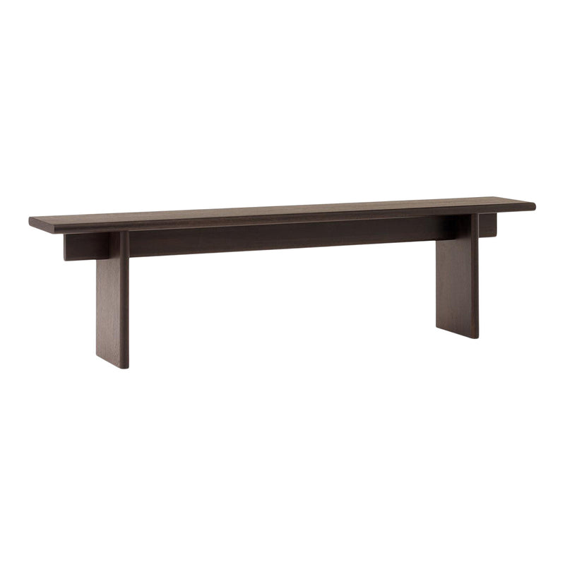 Dark brown wooden bench with a minimalist design and smooth, solid surface. Ideal for modern home decor.
