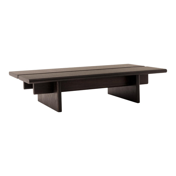 Dark brown wooden coffee table with a sleek, minimalist design and clean lines. Perfect for modern decor.