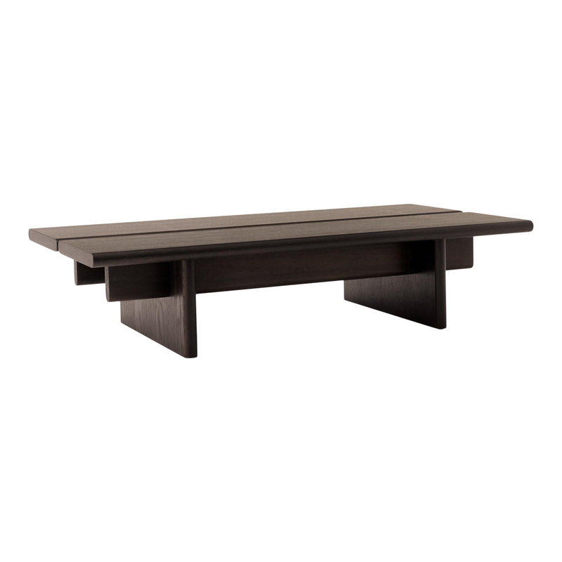 Dark brown wooden coffee table with a sleek, minimalist design and clean lines. Perfect for modern decor.