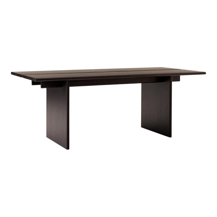 Modern dark brown rectangular dining table with minimalist design and smooth surface. Ideal for contemporary spaces.