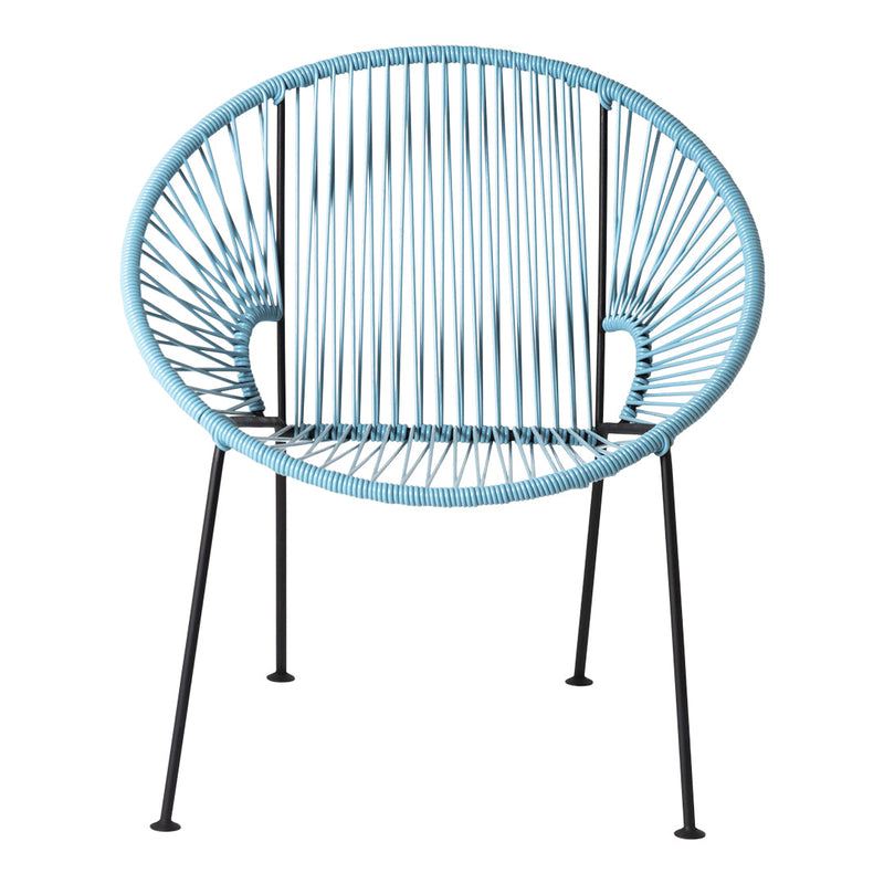 Light blue circular chair with thin, vertical lines and black metal legs, offering a modern, airy design.