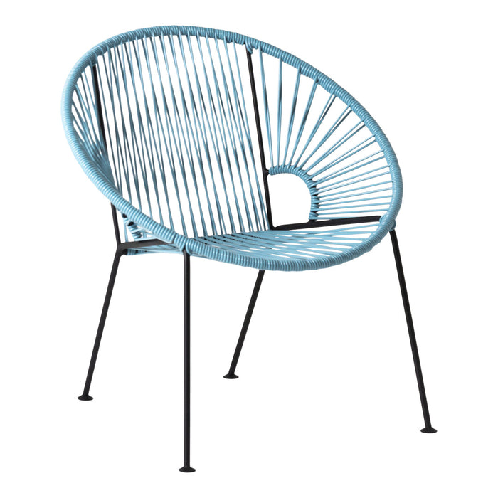 Blue circular rattan chair with black metal legs and a unique open-weave pattern. Ideal for modern decor.