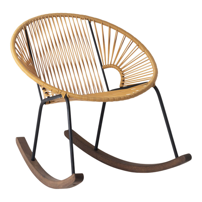 Natural bamboo color with black metal accents and a sleek wooden base, featuring a mid-century modern design.