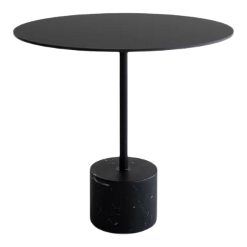 Sleek black round table with a solid black base and minimalist design, perfect for modern decor.