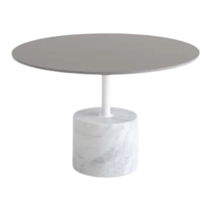 Round gray tabletop with a white marble base, featuring a modern minimalist design.