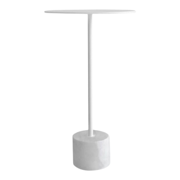 White minimalist side table with a sleek round top and a solid cylindrical base. Clean lines and modern design.