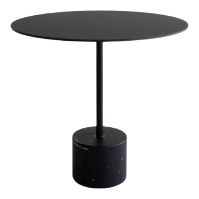 Black round table with a marble base, showcasing a sleek, modern design and smooth matte finish. Perfect for contemporary decor.
