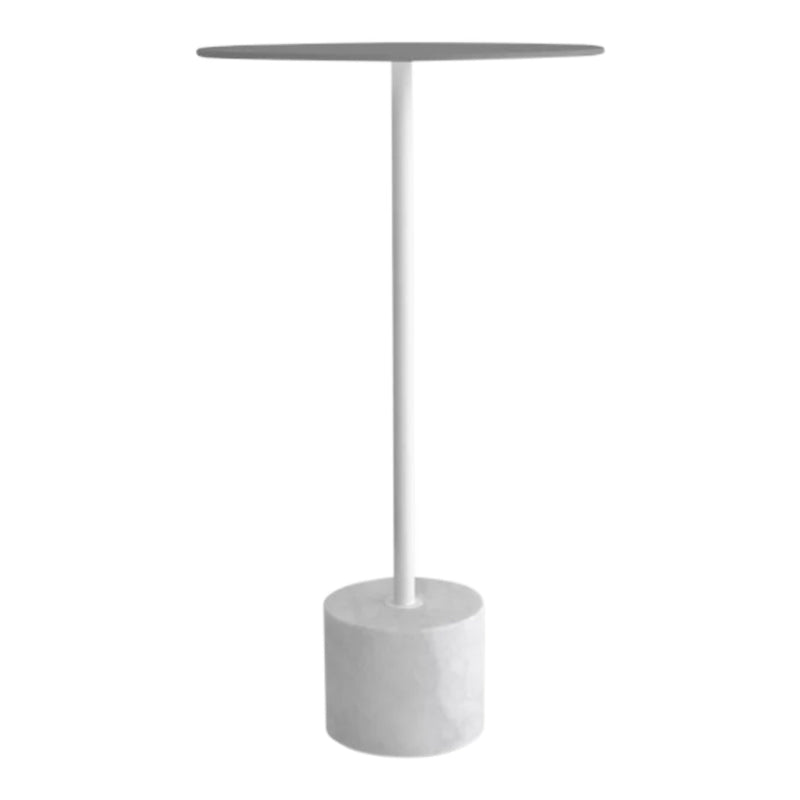 Modern white side table featuring a sleek round top and cylindrical base, minimalist design and smooth surfaces.