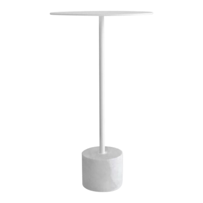 White modern table lamp with a minimalist round base and sleek, straight pole design. Perfect for contemporary decor.