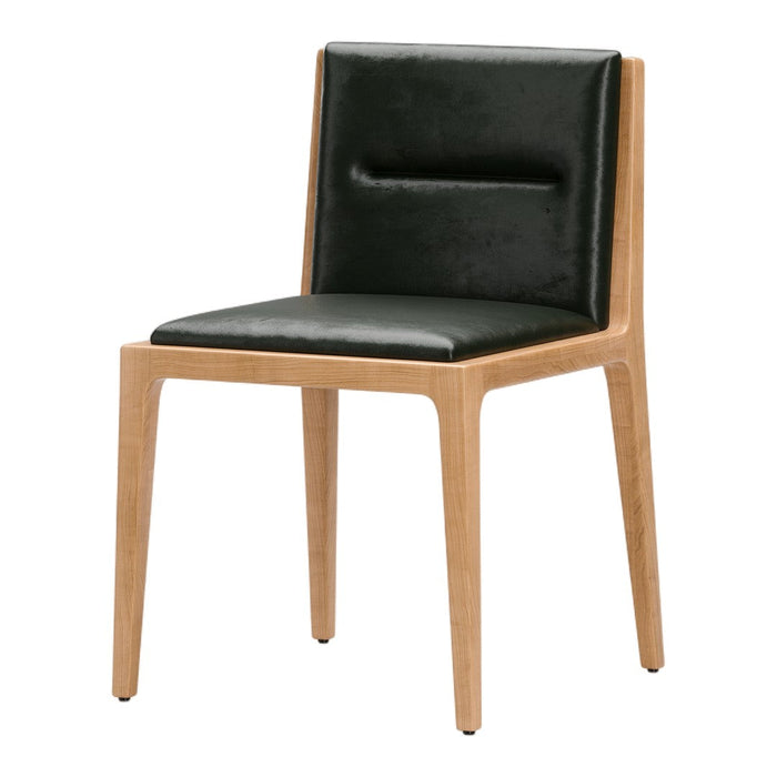 Modern chair with a sleek black seat and light wooden legs, featuring a minimalist design. Perfect for stylish interiors.