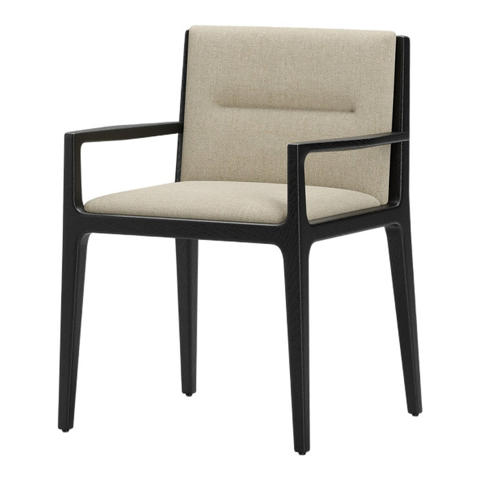 Black wooden chair with a soft beige upholstered seat and back, featuring a modern, minimalist design.