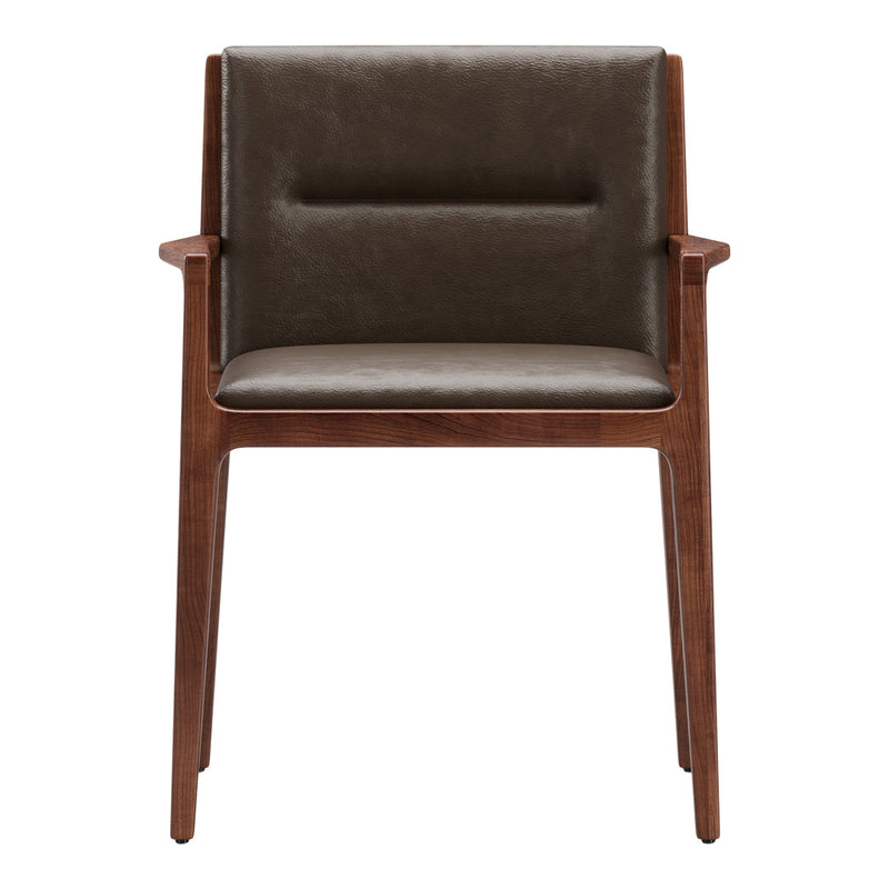 Brown leather chair with smooth texture and wooden frame, featuring a minimalist design.