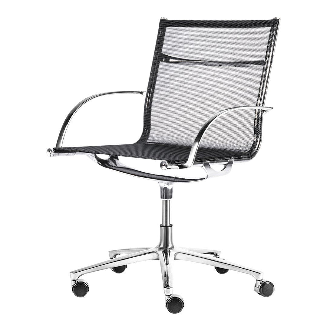 Black mesh office chair with chrome accents and a sleek, modern design. Perfect for any workspace.