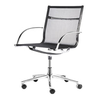 Black mesh office chair with chrome accents and a sleek, modern design. Perfect for any workspace.