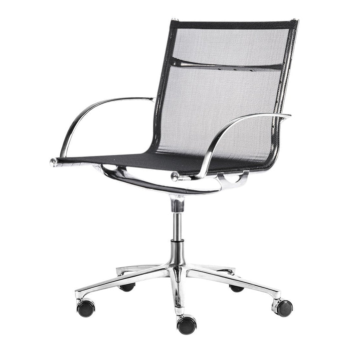 Black mesh office chair with chrome accents and a sleek, modern design. Perfect for any workspace.