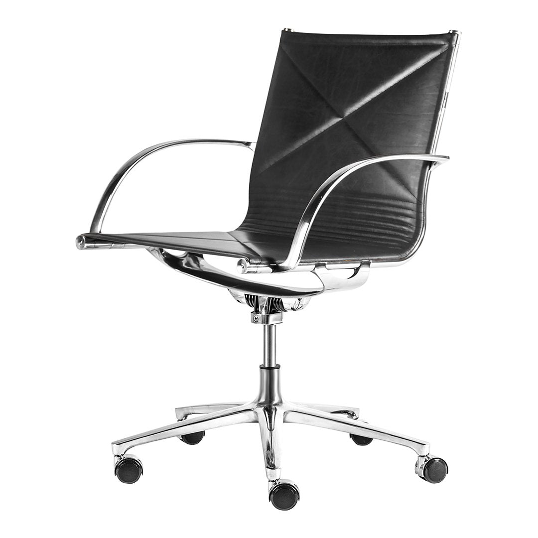 Sleek black leather office chair with quilted pattern and chrome accents, featuring a modern design on rolling wheels.