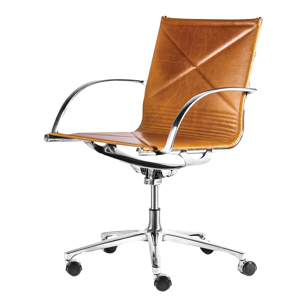 Tan leather office chair with a diamond pattern, chrome accents, and five wheels for easy mobility.