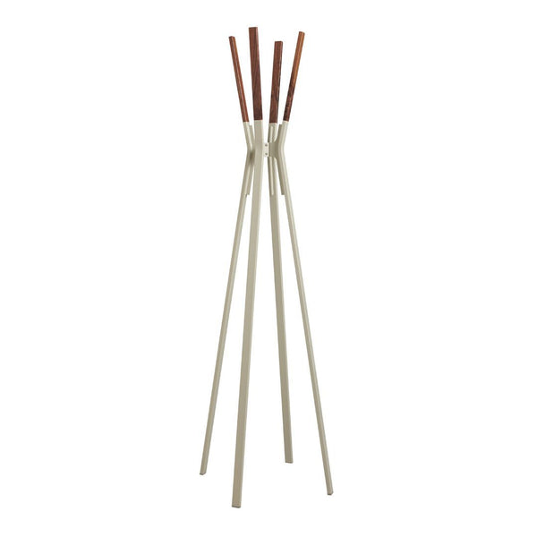 Modern coat rack featuring a sleek cream base with warm brown wooden accents. Minimalist design with clean lines.