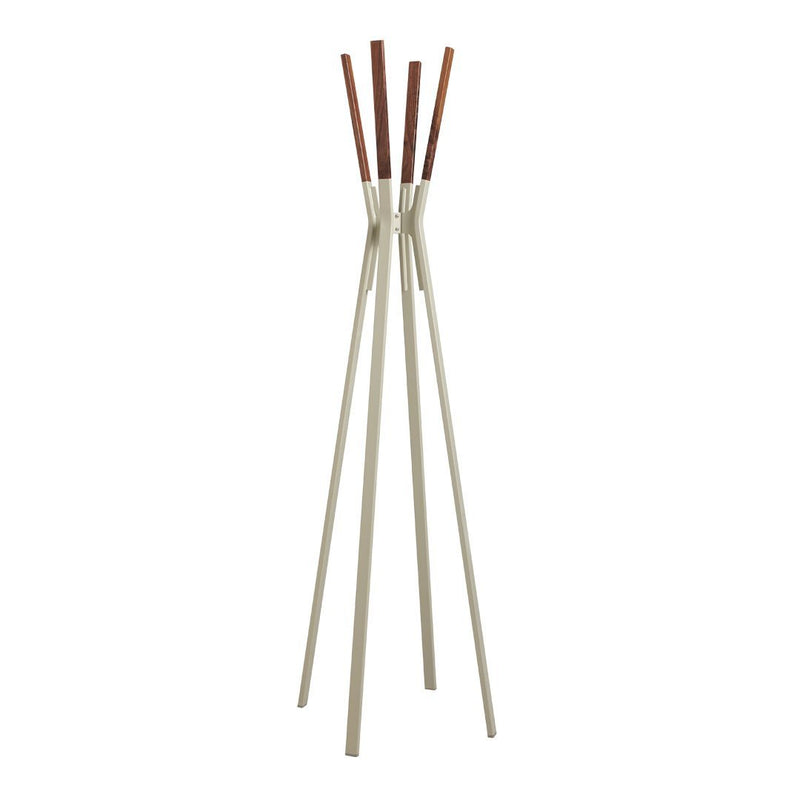 Modern coat rack featuring a sleek cream base with warm brown wooden accents. Minimalist design with clean lines.