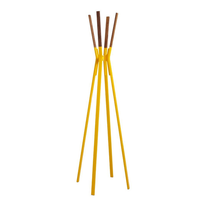 Yellow and brown wood coat rack featuring a modern design with sleek lines and a unique pattern.