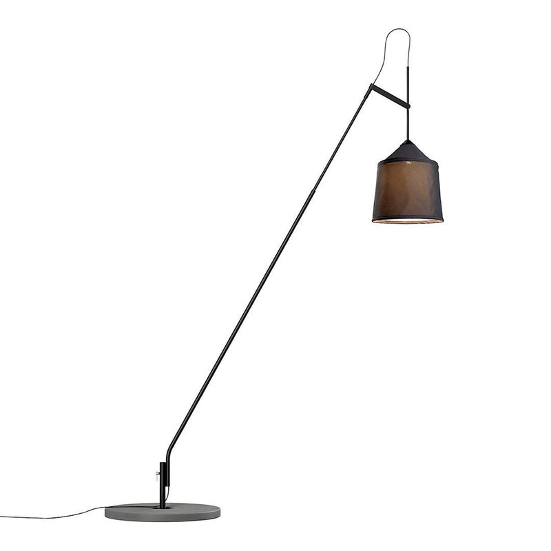 Sleek black floor lamp with a bronze accent shade and matte gray base, perfect for modern decor.