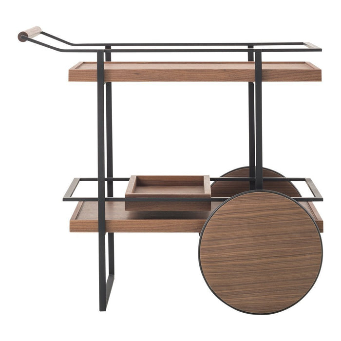 Stylish wooden bar cart in natural wood tones with sleek black metal accents and round wheel design. Perfect for modern decor.