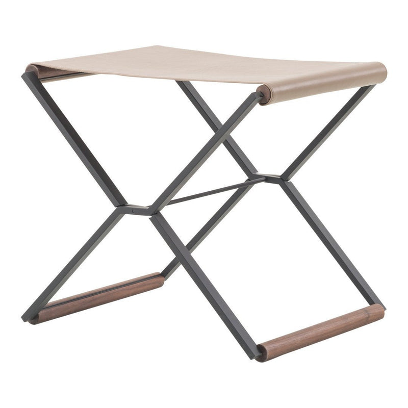 Beige canvas seat with a sleek black metal frame and wood accents, creating a modern, minimalist design.