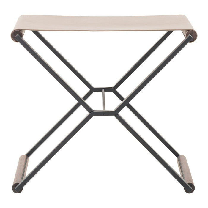 "Stylish beige fabric seat with a sleek black metal frame, featuring a minimalistic X-pattern design."