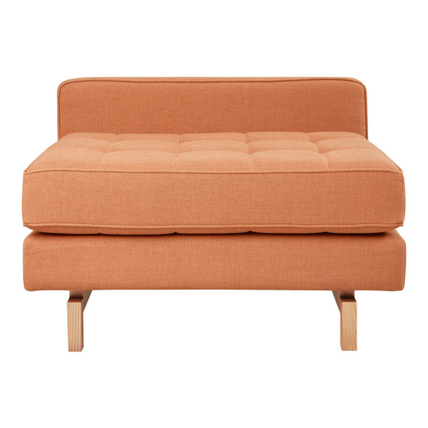Rust-orange tufted chair with a modern design and sleek wooden legs. Perfect for contemporary decor.