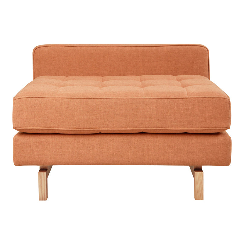 Rust-orange tufted chair with a modern design and sleek wooden legs. Perfect for contemporary decor.