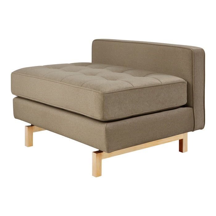 Stylish beige upholstered chair with tufted cushions and light wooden legs, perfect for modern decor.