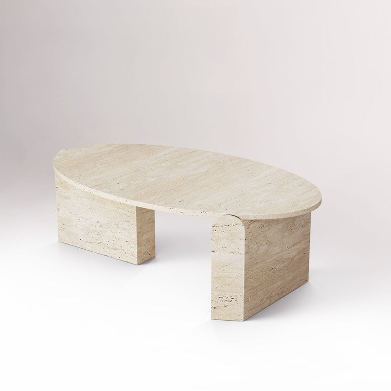 Light beige oval coffee table with a smooth surface and simple, modern design. Elegant minimalist style.