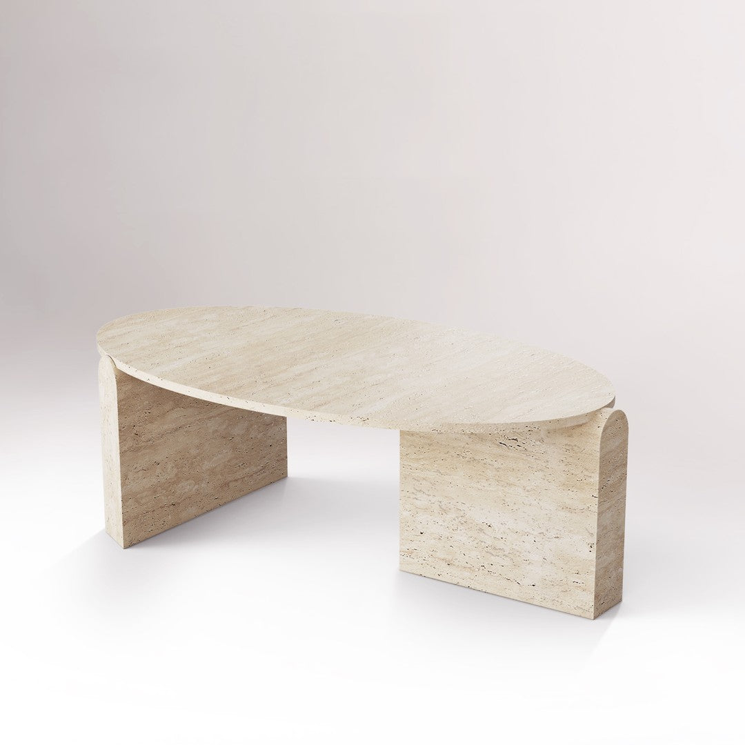 Elegant oval table in a light beige color with a smooth textured finish and minimalist design. Perfect for modern decor.