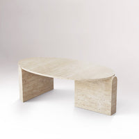 Elegant oval table in a light beige color with a smooth textured finish and minimalist design. Perfect for modern decor.