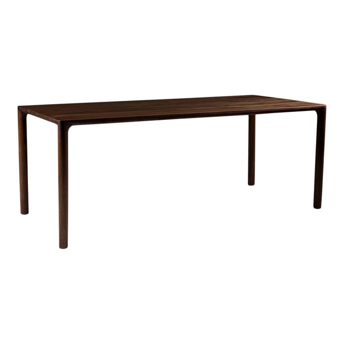 Wooden dining table in rich walnut finish with a sleek, minimalist design and smooth surface.