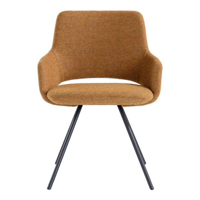 Brown fabric dining chair with a modern design and black metal legs, perfect for contemporary spaces.