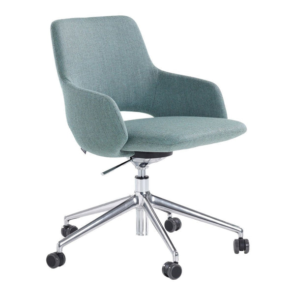 Light teal upholstered office chair with a modern design and chrome base, featuring a smooth, minimalist style.