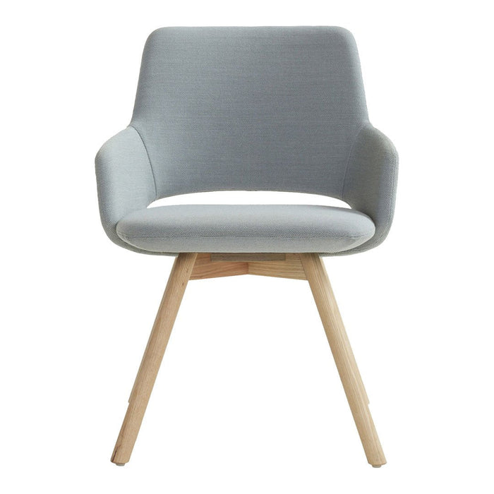 Gray upholstered chair with smooth, minimalist design and natural wood legs. Perfect for modern interiors.